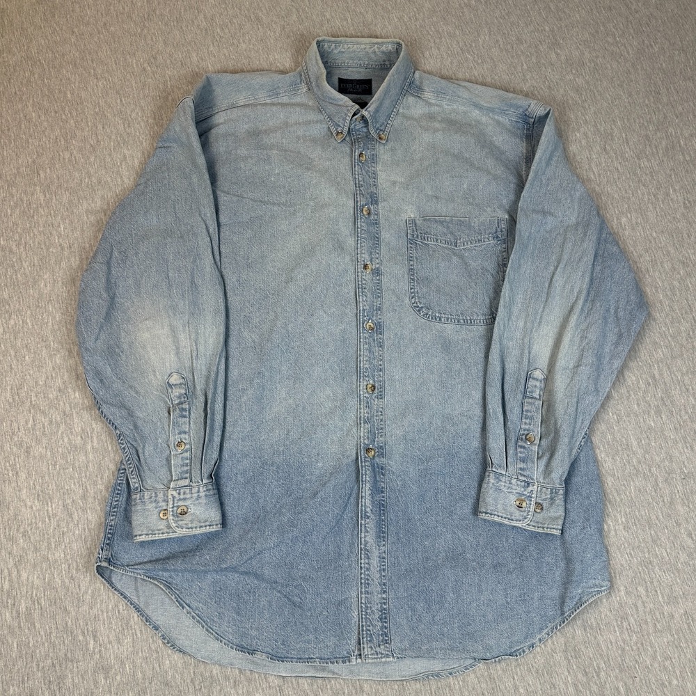 Vintage Evergreen Denim Button Up Shirt Large Blue Long Sleeve Cotton Chore